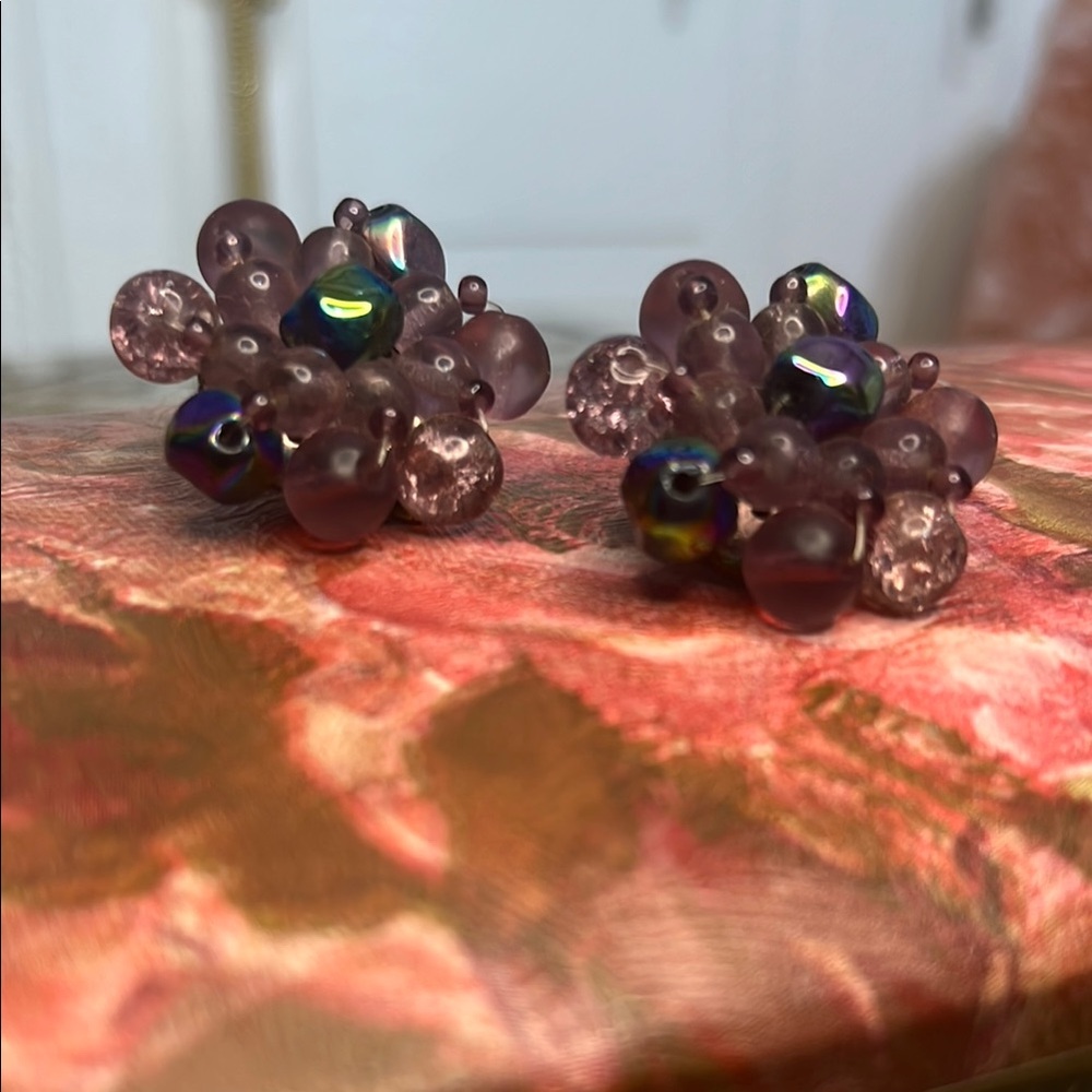 Vintage West Germany Signed Purple Clip Earrings with Glass and Beads